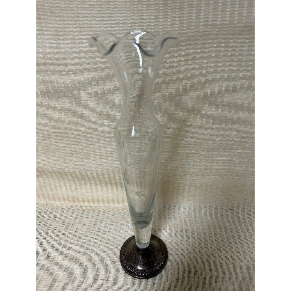 Bud Vase, Etched Glass Sterling Weighted Base Duchin Creation, Vintage